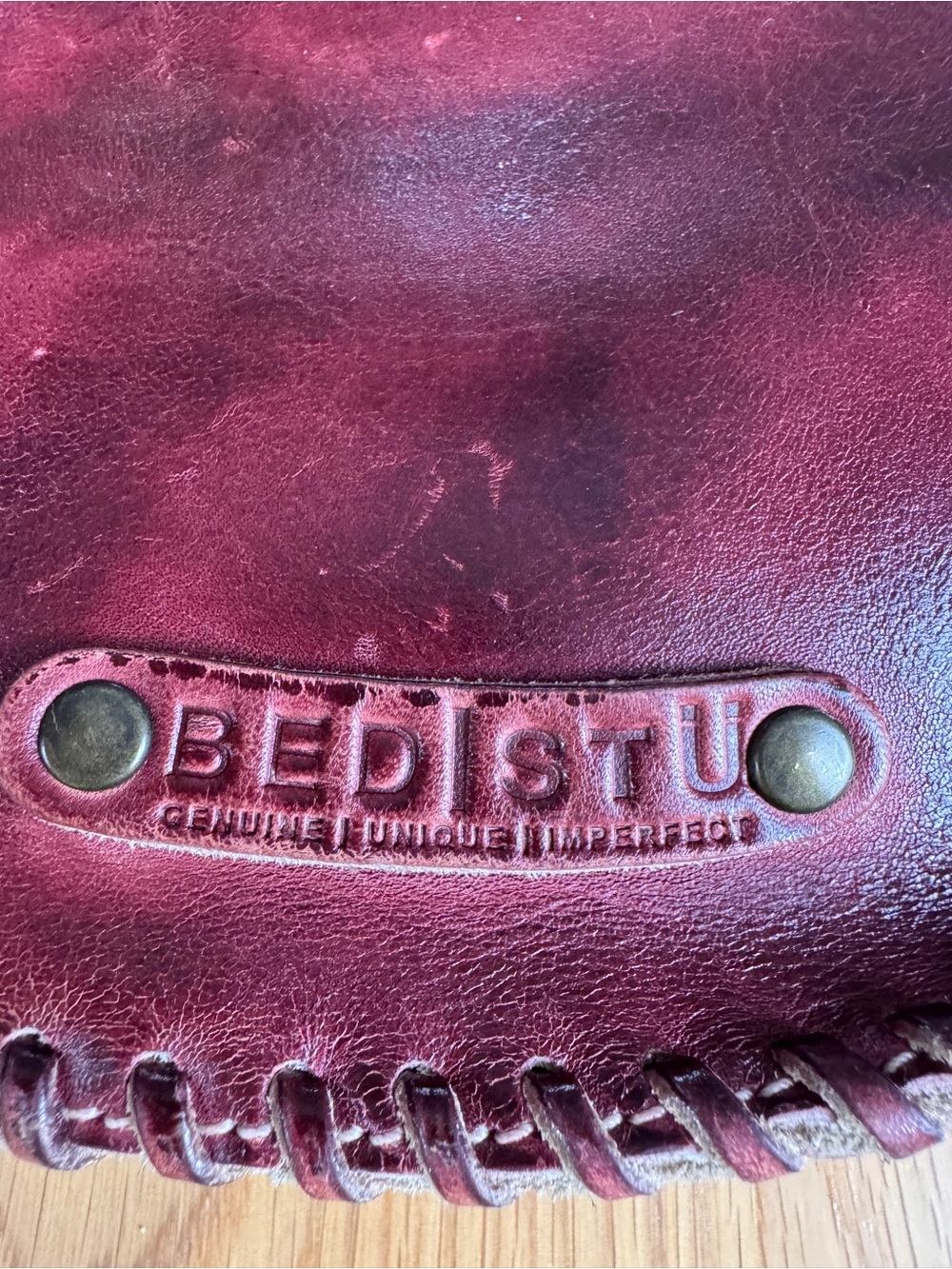 BED|STU Burgundy Whipstitch Leather Crossbody with Tassel Halfmoon - Picture 6 of 9
